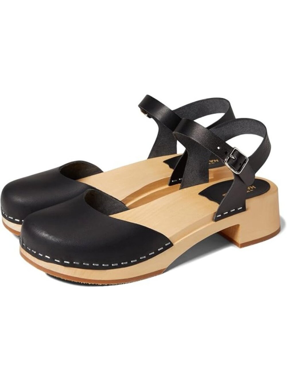 Swedish Hasbeens New Covered Sandals Black Leather Wood Heel Sz 39
